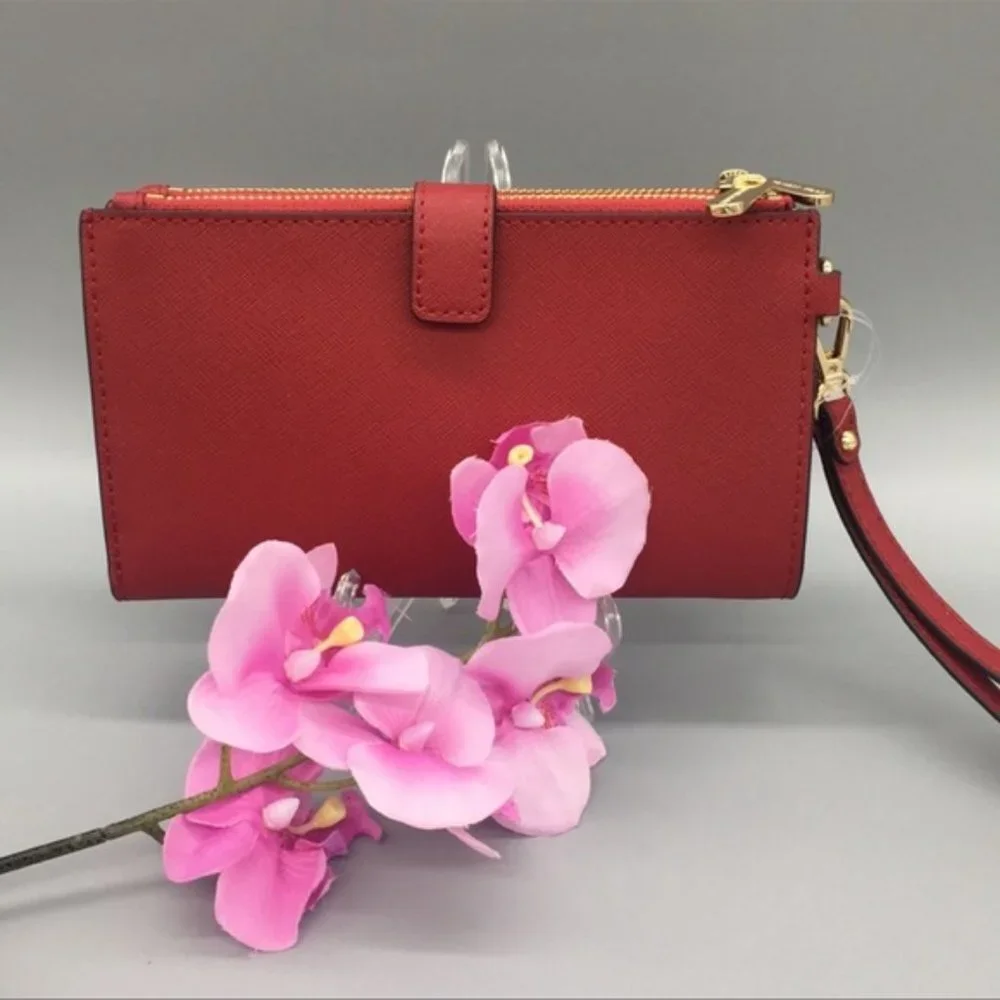 Michael Kors Large Double Zip Wristlet Leather Flame Color